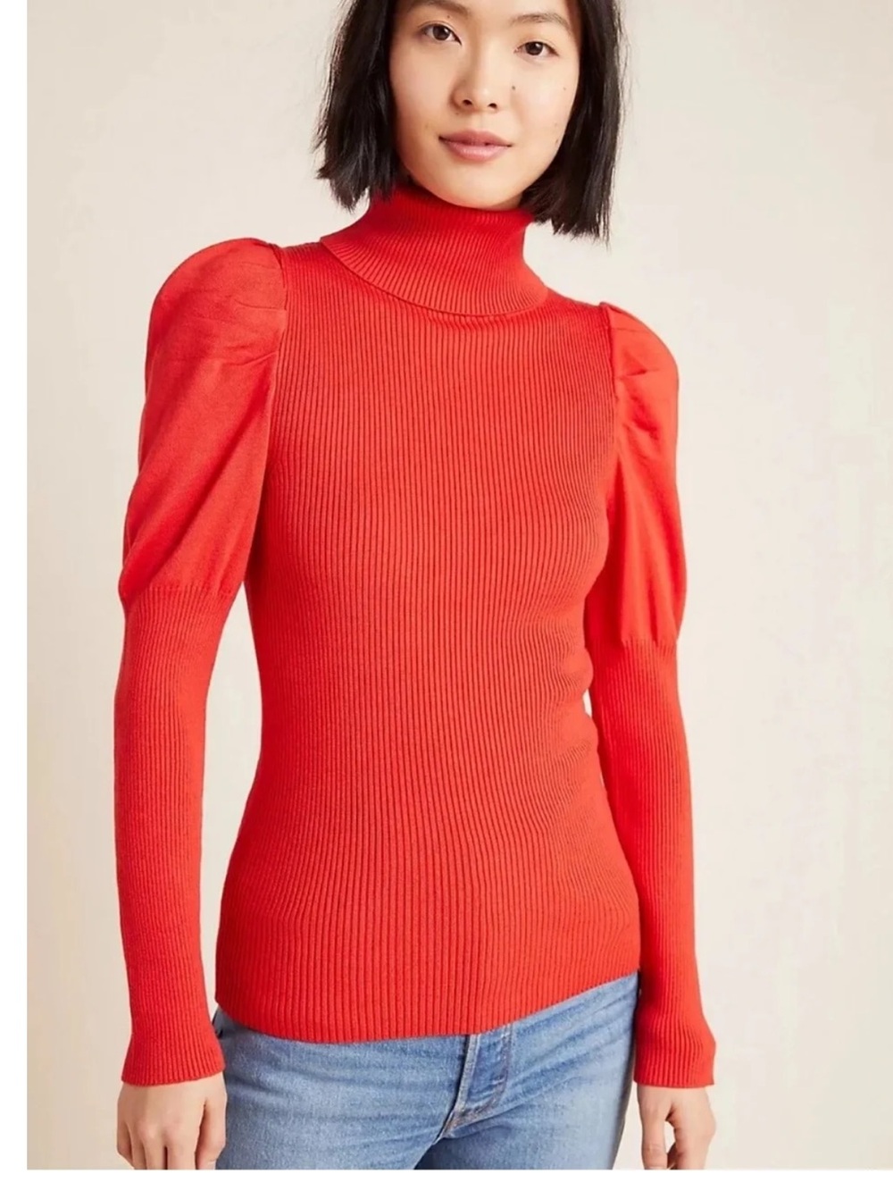Anthropologie Cecilia Ribbed Puff Sleeve
Turtleneck Sweater Red size Medium